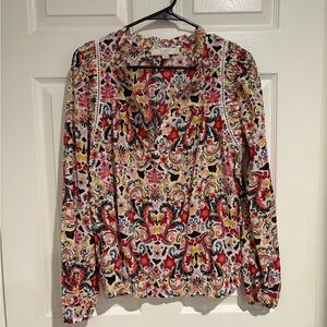 LOFT Red and Pink Long Sleeve Graphic Blouse with Notched Collar